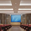 Modern Conference Room Interior With Large Screen Seats Wooden Wall Panels And Ceiling Lighting
