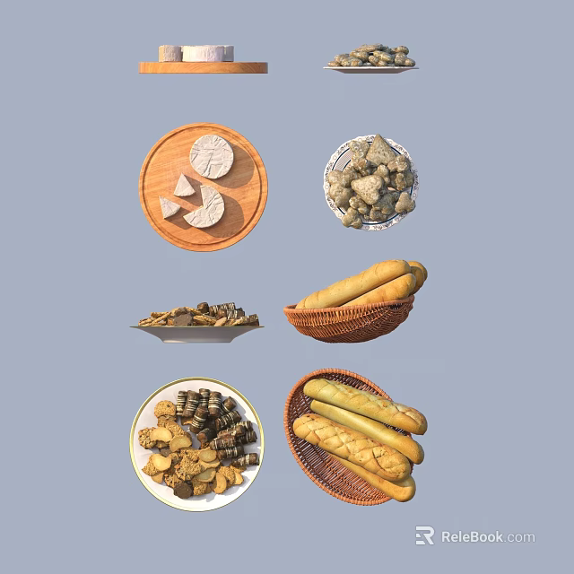 Assorted Tasty Food Platter With Cheese Olives Mushrooms And Fresh Baguettes 3d model 