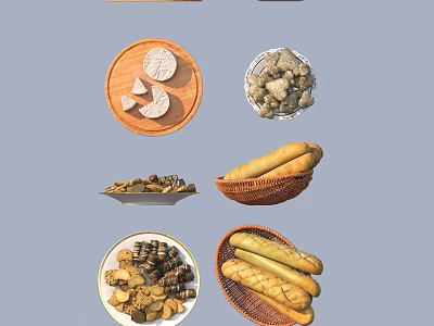 Assorted Tasty Food Platter With Cheese Olives Mushrooms And Fresh Baguettes 3d model