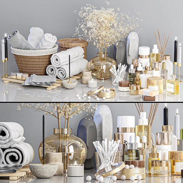 Luxury Bathroom Accessories Setup With Towels Candles And Woven Baskets 3d model 