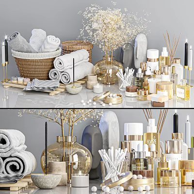 Luxury Bathroom Accessories Setup With Towels Candles And Woven Baskets 3d model