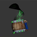 Wooden Barrel Decorative Item With Green Flame Metal Ring Green Spikes And Blue Handle