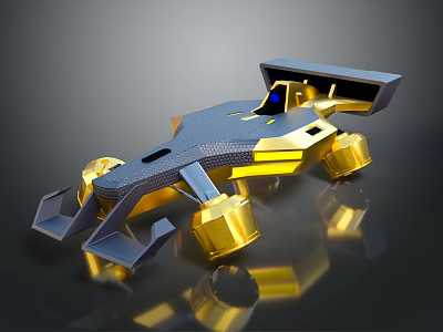 Futuristic Black Race Car Model with Gold Components and Blue Lights on Reflective Surface 3d model
