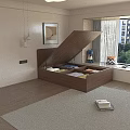 Wooden Single Bed With Open Lid Storage Compartments In Modern Bedroom Interior