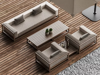 Modern Outdoor Sofa Set With Wooden Deck Coffee Table Armchairs And Small Potted Plants 3d model