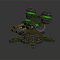 Futuristic Robotic Turret With Green Glowing Sensors Multiple Barrels And Metal Base