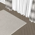 Square Beige Rug on Herringbone Wooden Floor with White Sheer Curtains and Sunlight