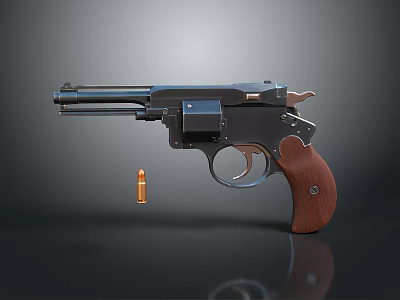 Classic Revolver With Black Metal Frame Wooden Grip And Brass Bullet On Dark Background 3d model