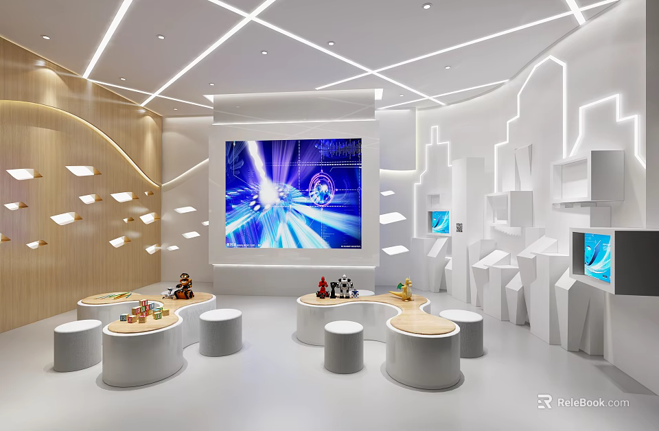 School Exhibition Hall Modern Interior With Large Screen Display Shelves And Small Round Tables 3d model 