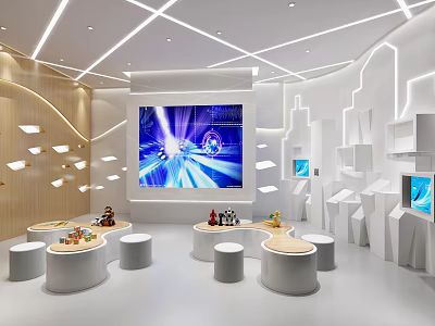 School Exhibition Hall Modern Interior With Large Screen Display Shelves And Small Round Tables 3d model