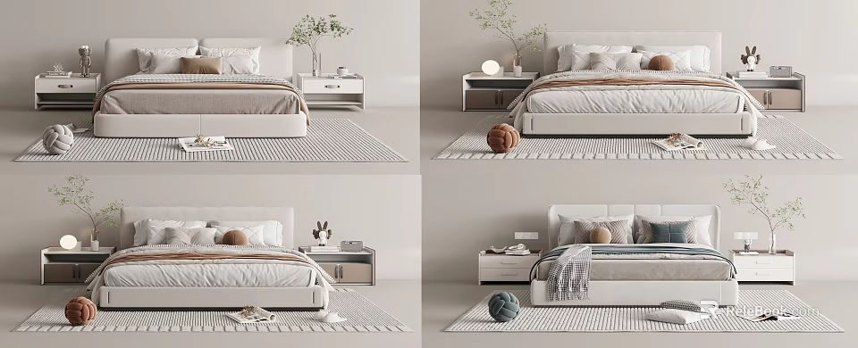Modern Minimalist Double Bed Bedroom Interior With Nightstand Pillows Blanket Rug And Decorative Plants 3d model 