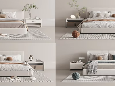 Modern Minimalist Double Bed Bedroom Interior With Nightstand Pillows Blanket Rug And Decorative Plants 3d model