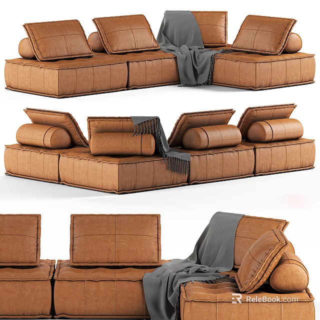 Cozy Brown Modular Sectional Sofa with Modern Design and Gray Blanket 3d model 