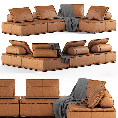 Cozy Brown Modular Sectional Sofa with Modern Design and Gray Blanket 3d model