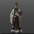Ancient Chinese Man In Traditional Robe With Ornate Hat And Feather Fan Statue