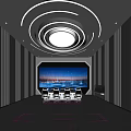 Modern Monitoring Room With Large Cityscape Display Screen Multiple Chairs And Ceiling Lighting