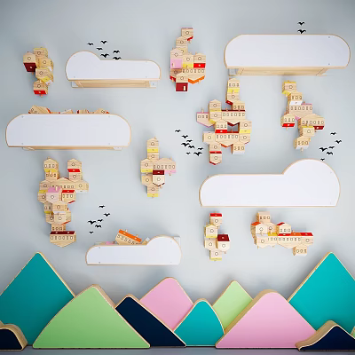 Wooden House Models With Cloud Shaped Decorations Colorful Triangles And Bird Silhouettes 3d model