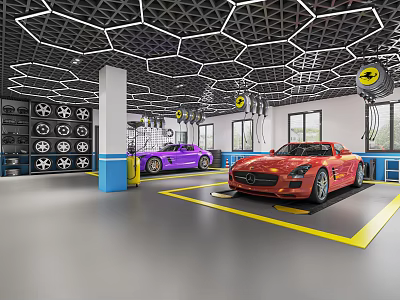 4S Auto Workshop Service Area Featuring Red Purple Sports Cars Tool Racks And Yellow Lines 3d model