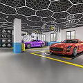 4S Auto Workshop Service Area Featuring Red Purple Sports Cars Tool Racks And Yellow Lines