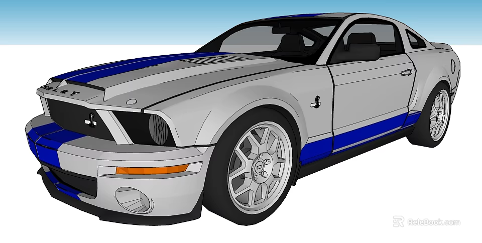 Stylish Silver Two Door Sports Car With Blue Racing Stripes And Alloy Wheels 3d model 