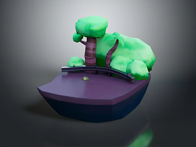 3D Miniature Scene With Green Trees Purple Boat Shaped Platform And Small Bridge 3d model