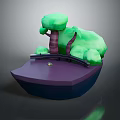 3D Miniature Scene With Green Trees Purple Boat Shaped Platform And Small Bridge