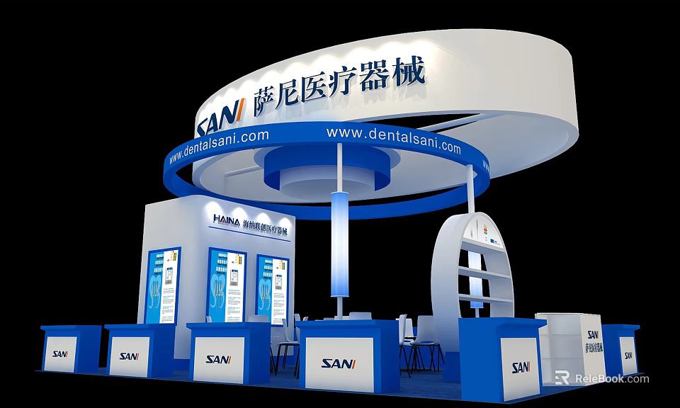SANV Medical Devices Exhibition Booth With White Blue Curved Top And Display Screens 3d model 