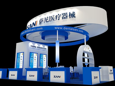 SANV Medical Devices Exhibition Booth With White Blue Curved Top And Display Screens 3d model