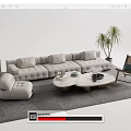 Modern Gray Sofa with Multiple Cushions and Round Coffee Tables with Metal Bases and Ottoman