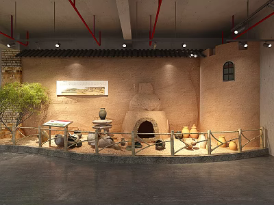 Traditional Pottery Exhibition Area With Ancient Kiln And Clay Vases On 3d model