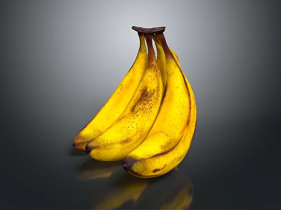 Bunch Of Ripe Yellow Bananas With Brown Spots On Black Reflective Background 3d model