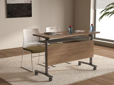 Office Desk With Wooden Top Metal Frame Near Window On Carpet And Water Bottles Documents 3d model