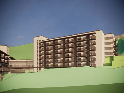 Modern Multi Storey Hotel Building With Light Colored Facade Balconies And Green Hillside 3d model