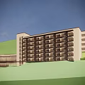Modern Multi Storey Hotel Building With Light Colored Facade Balconies And Green Hillside