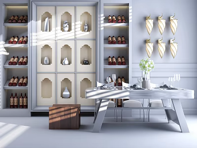 Stylish Modern Dining Table Set With Wine Bottles Vases Wall Lamps And Tableware 3d model