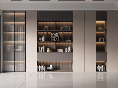 Sleek Modern Bookcase Interior Design With Glass Doors Layered Shelves And Decorative Accents 3d model