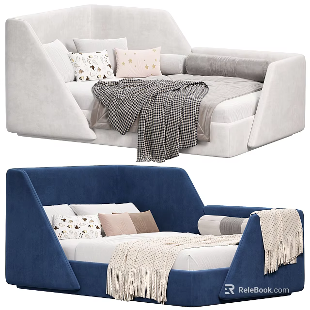 Light Gray And Blue Kids Bed With Plush Pillows And Cozy Blankets 3d model 