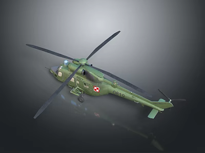 Green Medical Rescue Helicopter With Red Cross Symbol And Rotors On Dark Background 3d model
