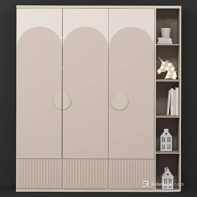 Light Pink Wardrobe With Three Doors Round Handles Vertical Striped Base And Adjacent Bookshelf Decorations 3d model 