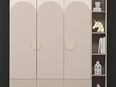 Light Pink Wardrobe With Three Doors Round Handles Vertical Striped Base And Adjacent Bookshelf Decorations 3d model