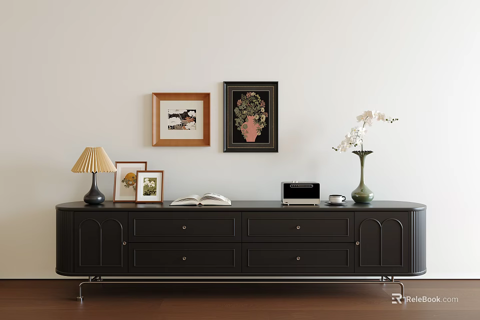 Dark TV Stand with Table Lamp Photo Frames Open Book Vase Flowers and Wall Decor 3d model 