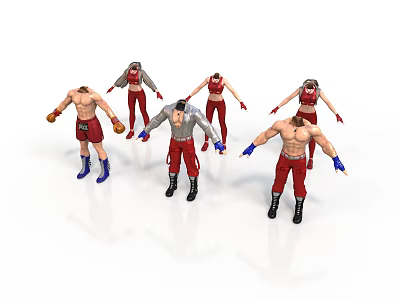 3D Fighting Character Models With Red Pants And Boxing Gloves In Various Poses 3d model