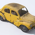 Classic Yellow Vintage Car With Rusty Body Worn Exterior And Scratches