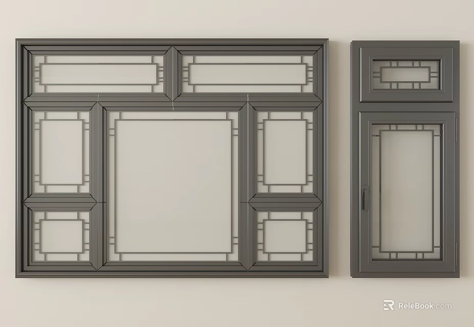 Modern Casement Window With Gray Frame And Grid Pattern Glass Design Features 3d model