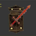 Red Sword With Silver Gold Accents Leaning On Brown Wooden Shield With Ornate Design