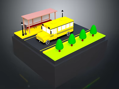School Bus Stop Scene With Yellow Bus Shelter Street Lamps Green Trees And Grass 3d model