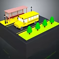 School Bus Stop Scene With Yellow Bus Shelter Street Lamps Green Trees And Grass