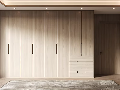 Modern Minimalist Light Tone Wooden Wardrobe With Sleek Doors And Drawer Storage 3d model