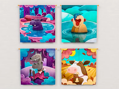 Cartoon Animal Wall Art With Hippo Monkey Crocodile Cow In Colorful Water Scenes 3d model