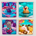 Cartoon Animal Wall Art With Hippo Monkey Crocodile Cow In Colorful Water Scenes
